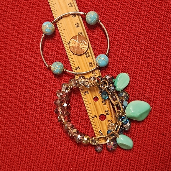 2 pc. turquoise colored stones gems smoked gray crystals bracelets arm candy EUC - Picture 2 of 8